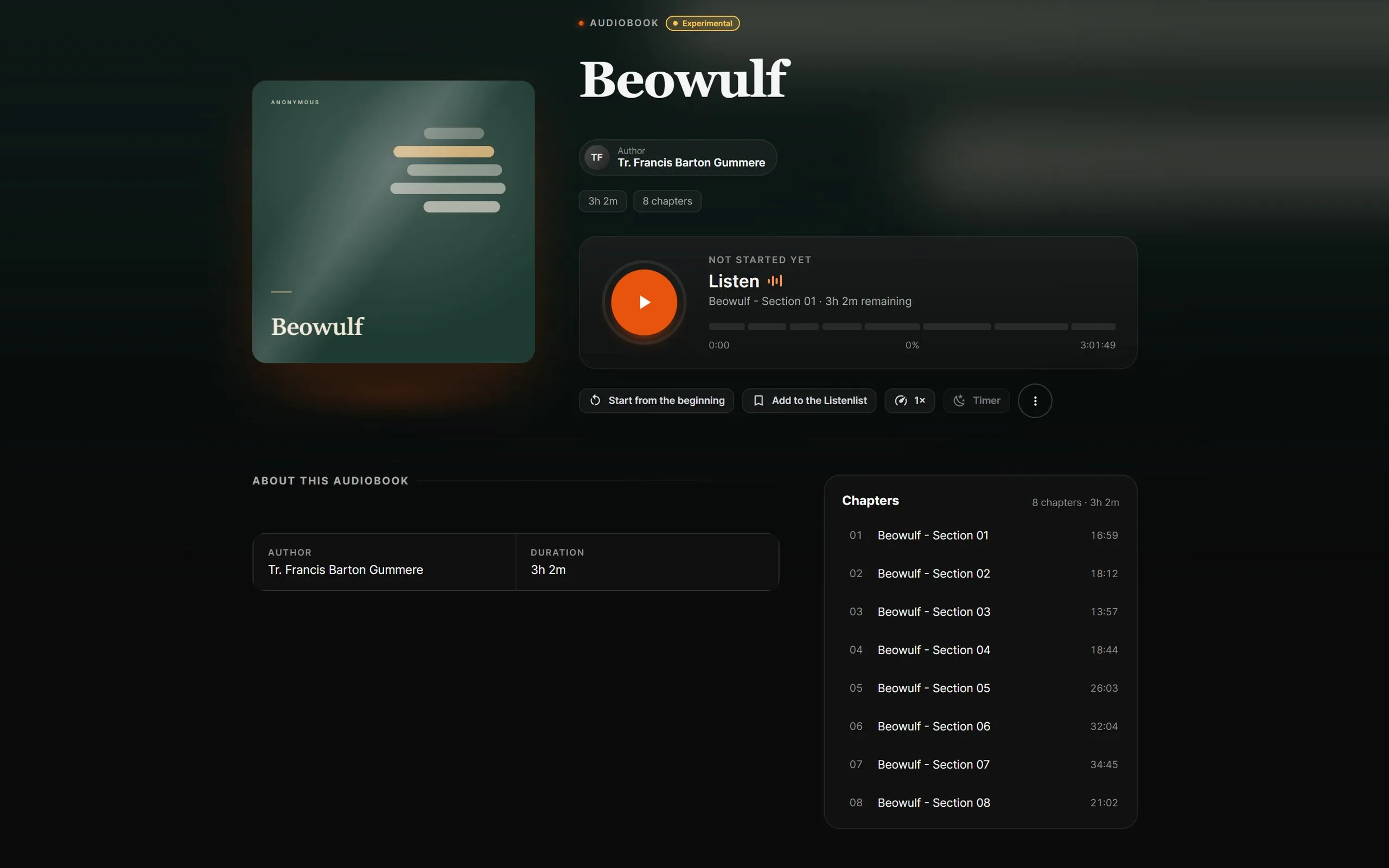 The page of the audiobook Beowulf with its chapters