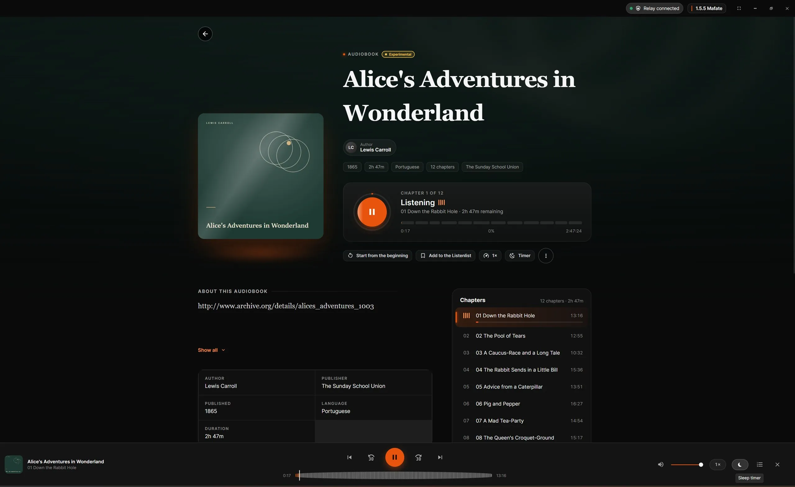 An audiobook playing, with its chapters
