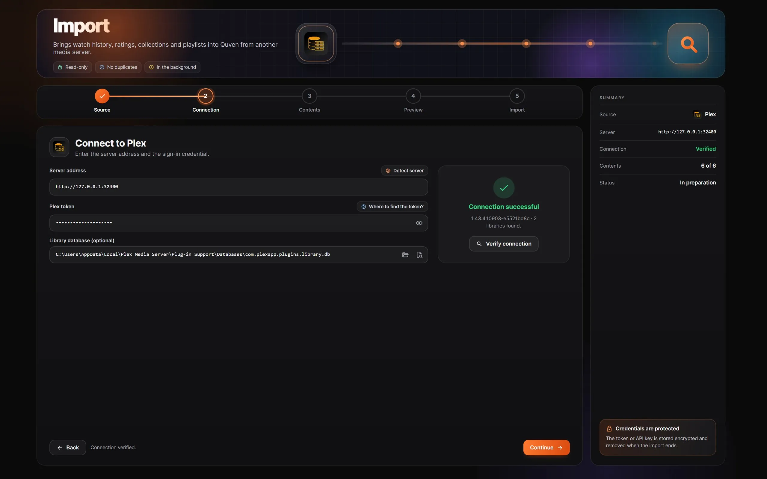 The connection to Plex verified, with two libraries found