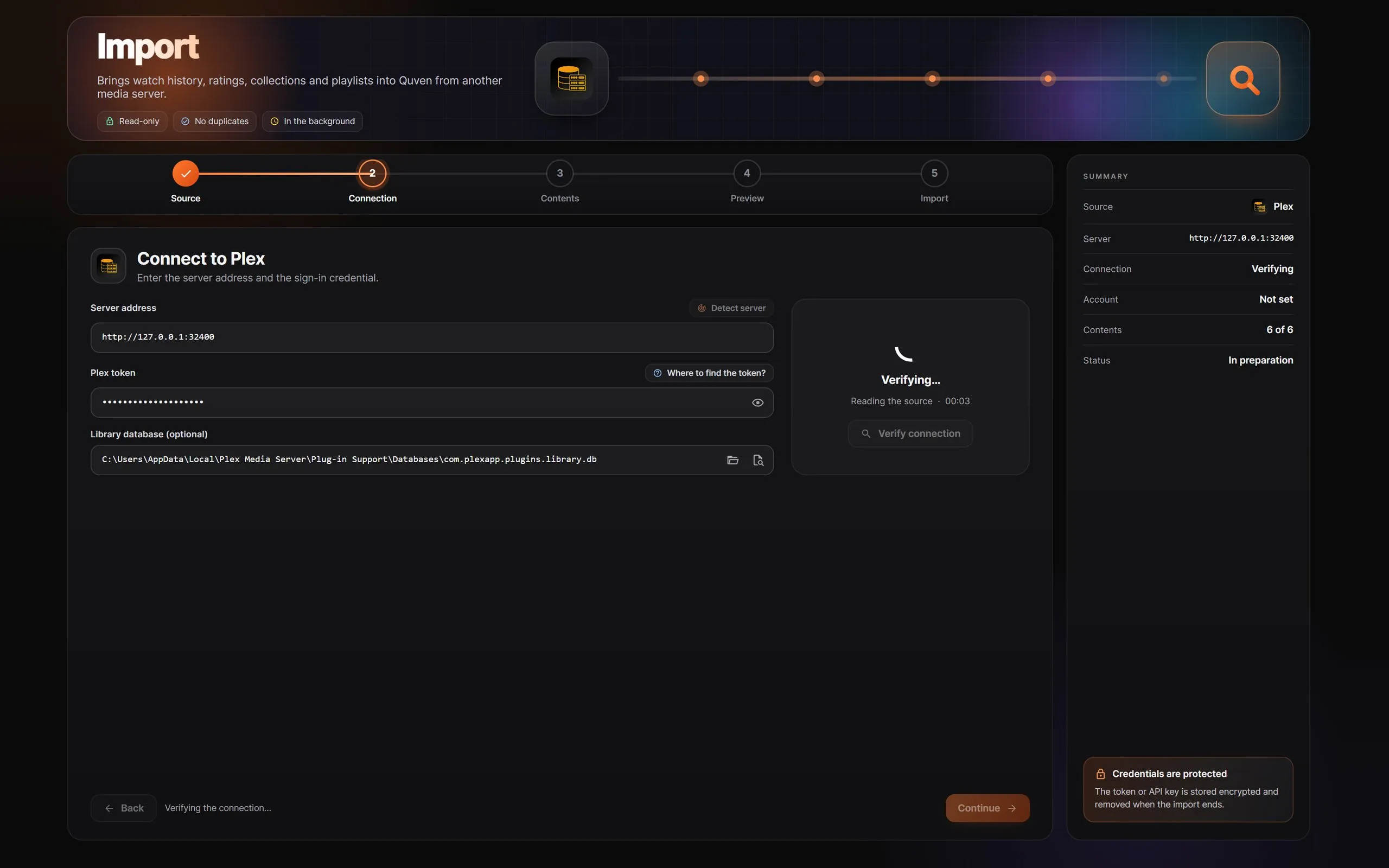 The connection to Plex while it is being verified