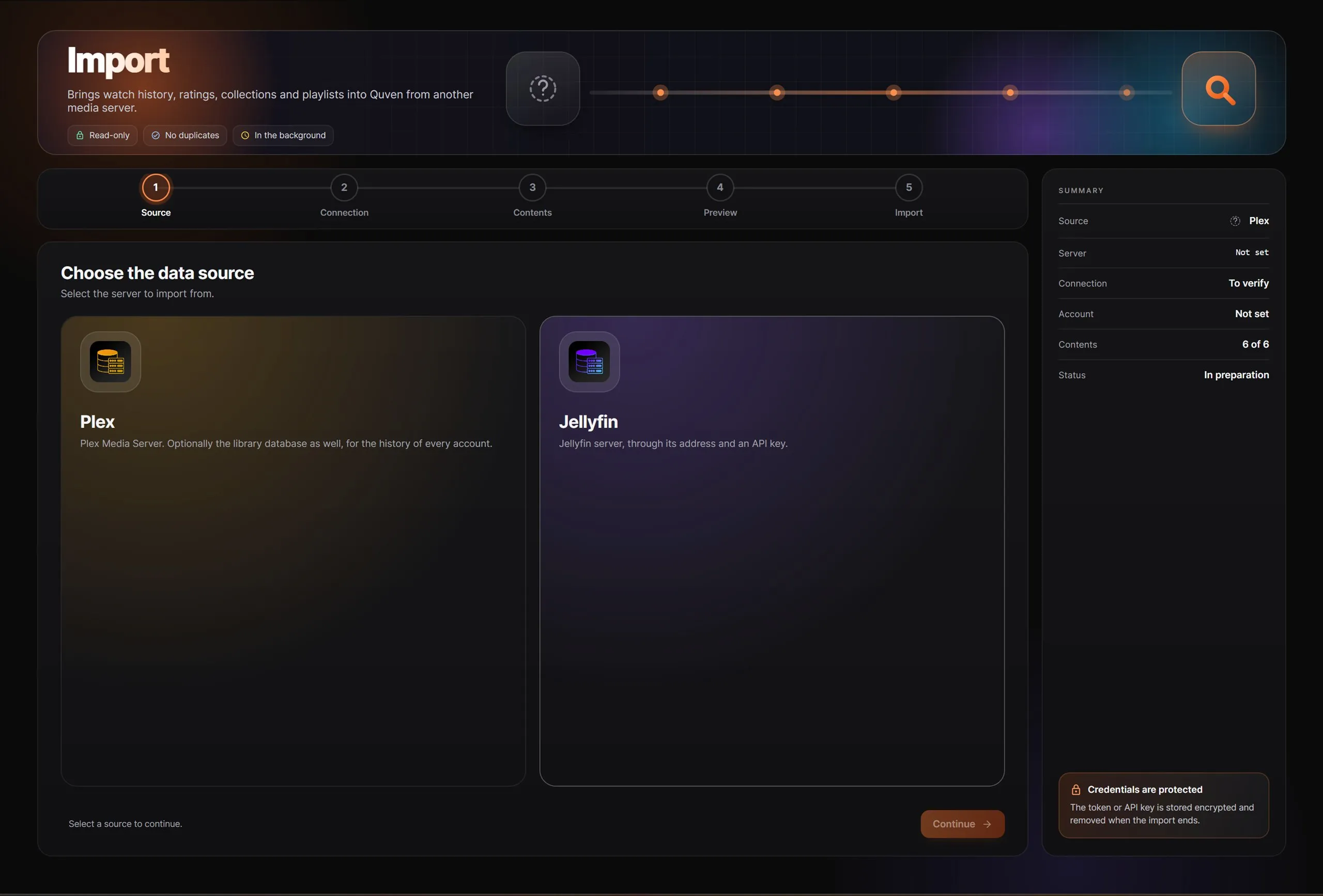 The first step of the import: the choice between Plex and Jellyfin