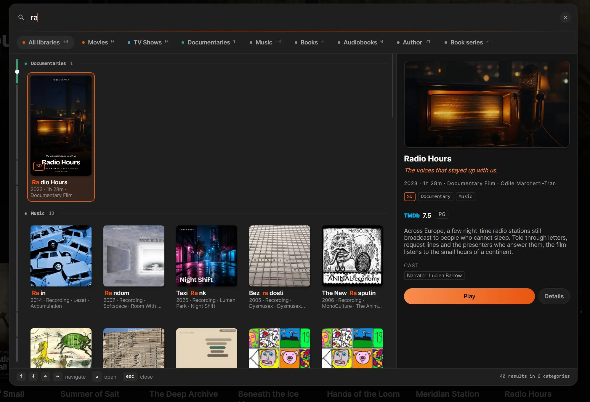 The search, with results from several libraries