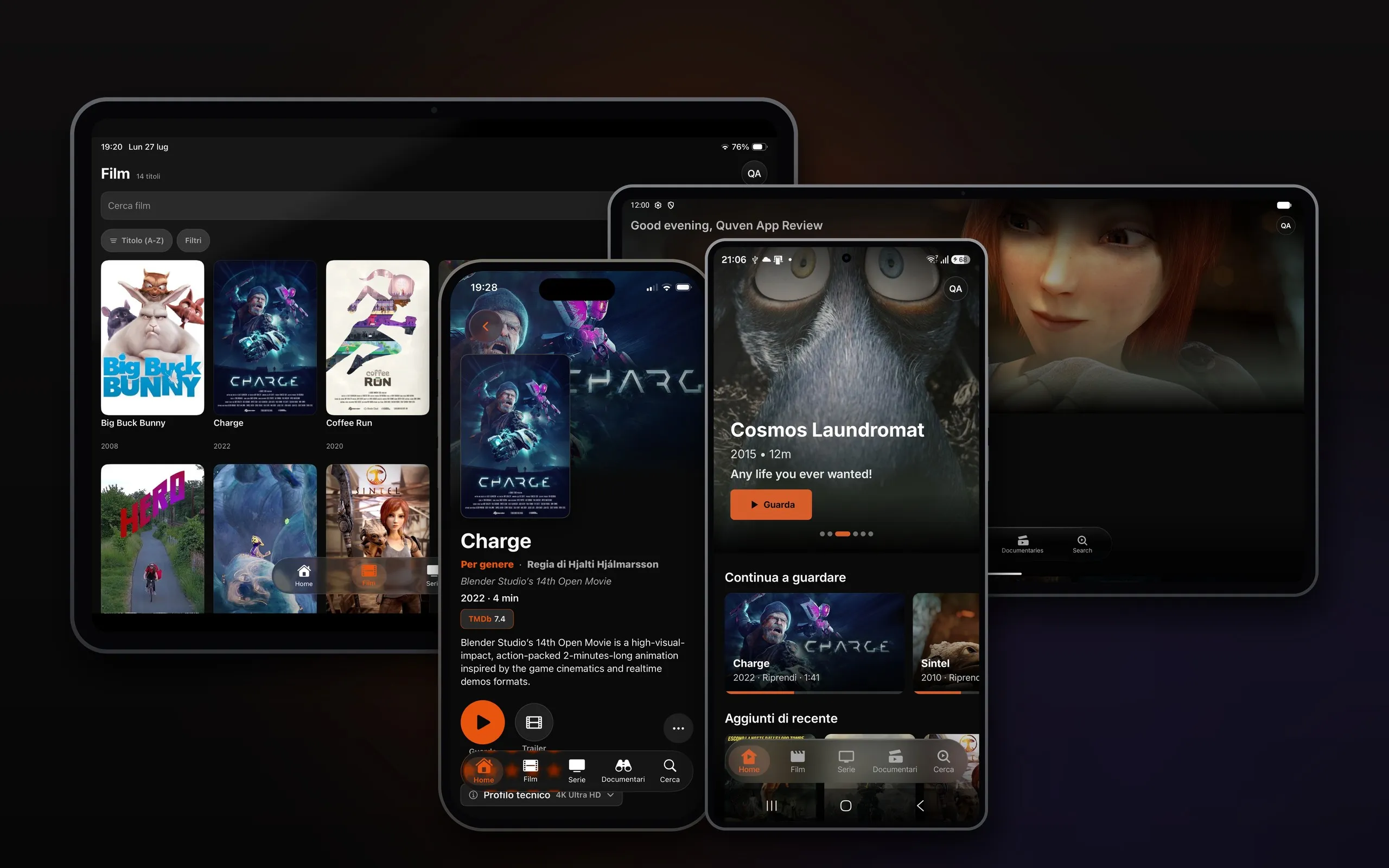The Quven apps on an iPad, an Android tablet, an iPhone and an Android phone