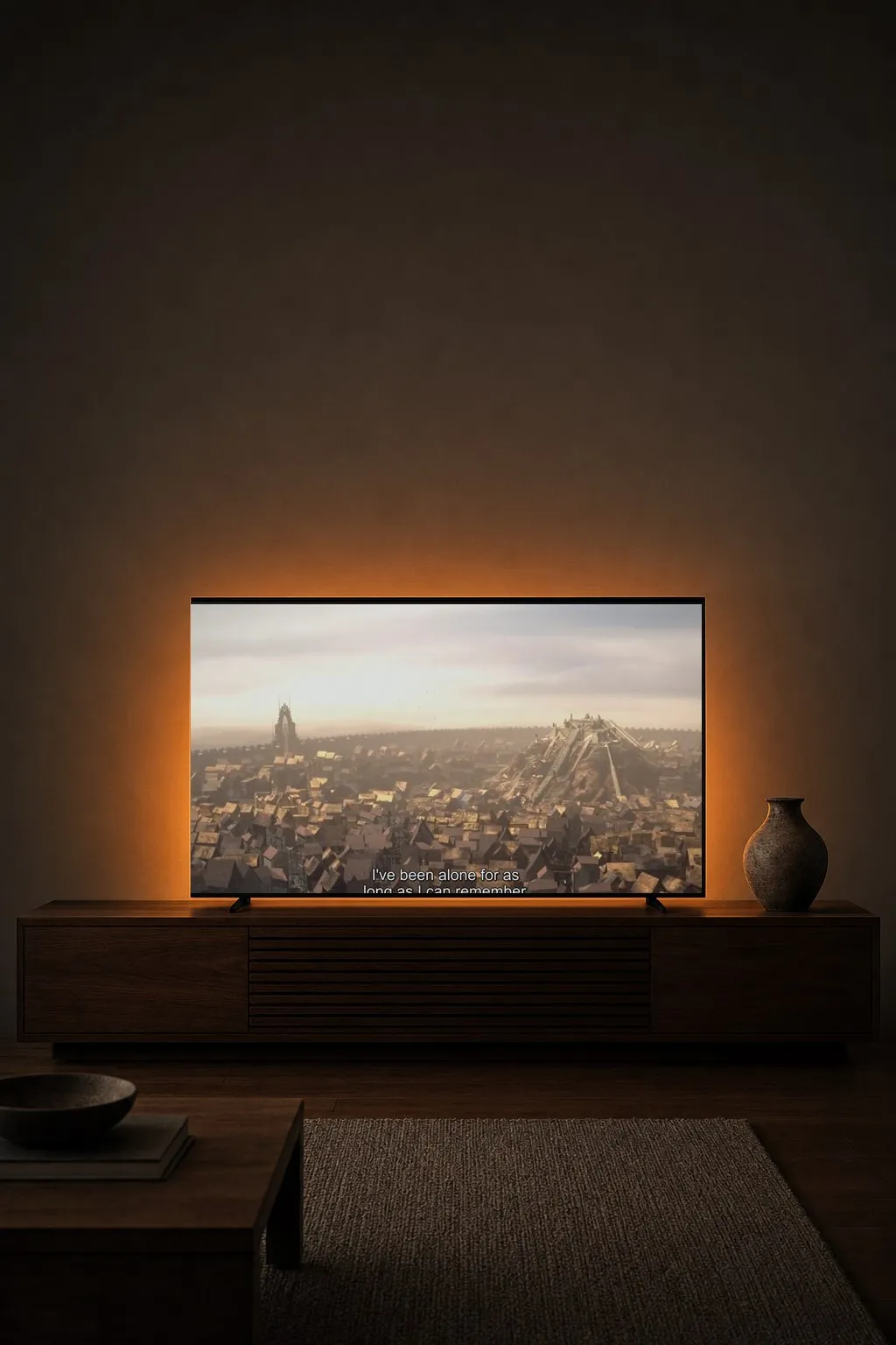 A television in a living room with a film and its subtitles