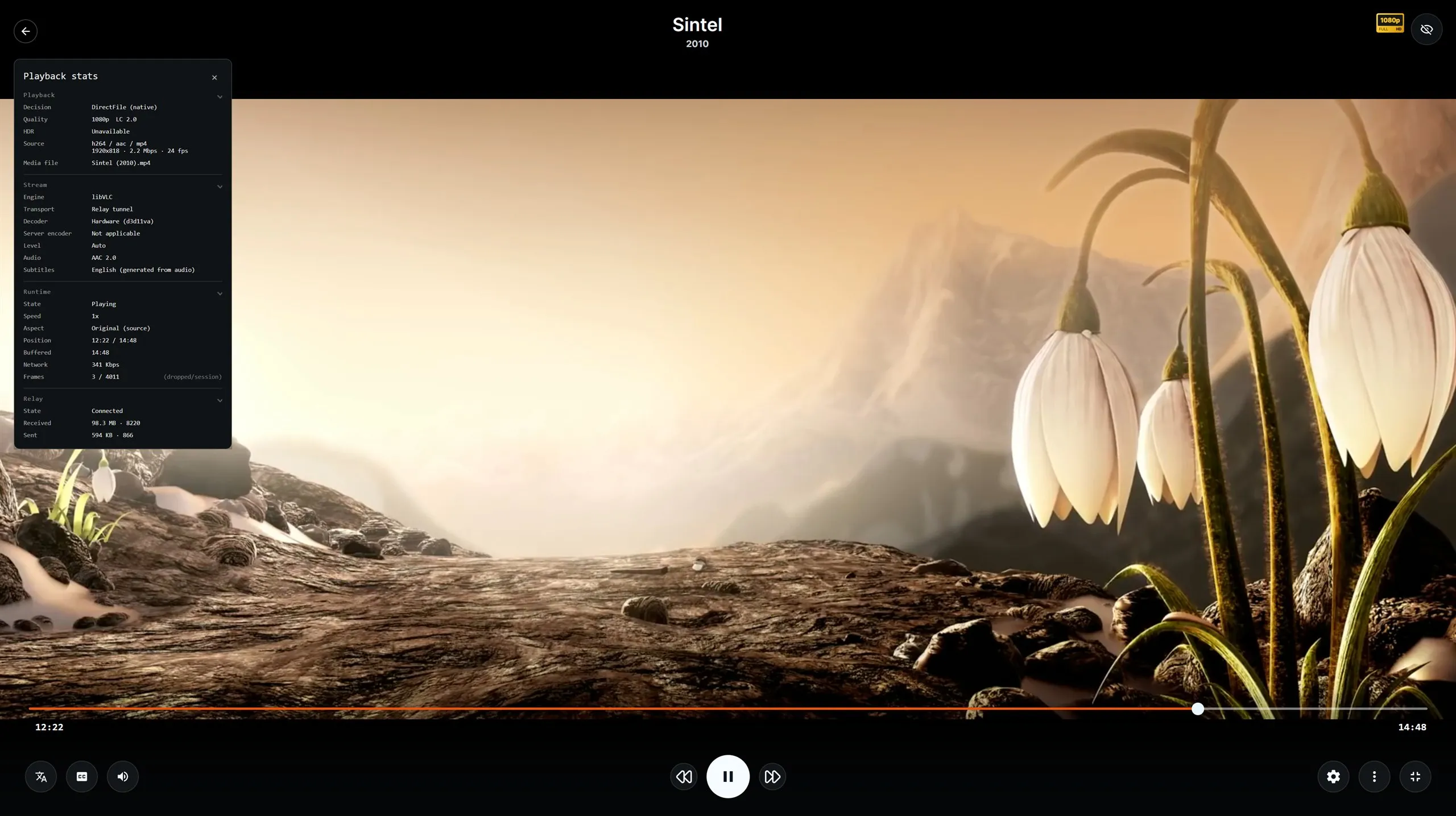 The Quven player with its stats panel: decision DirectFile, server encoder not applicable