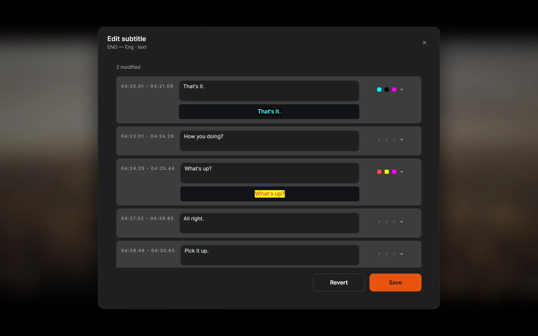 The subtitle editor with two lines in new colours