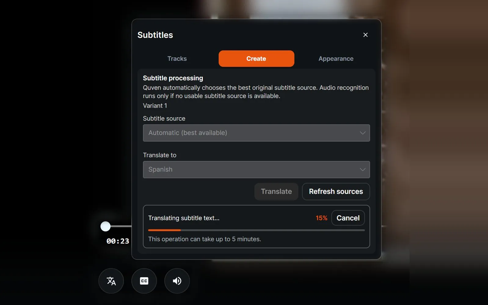 A subtitle translation starting in the player