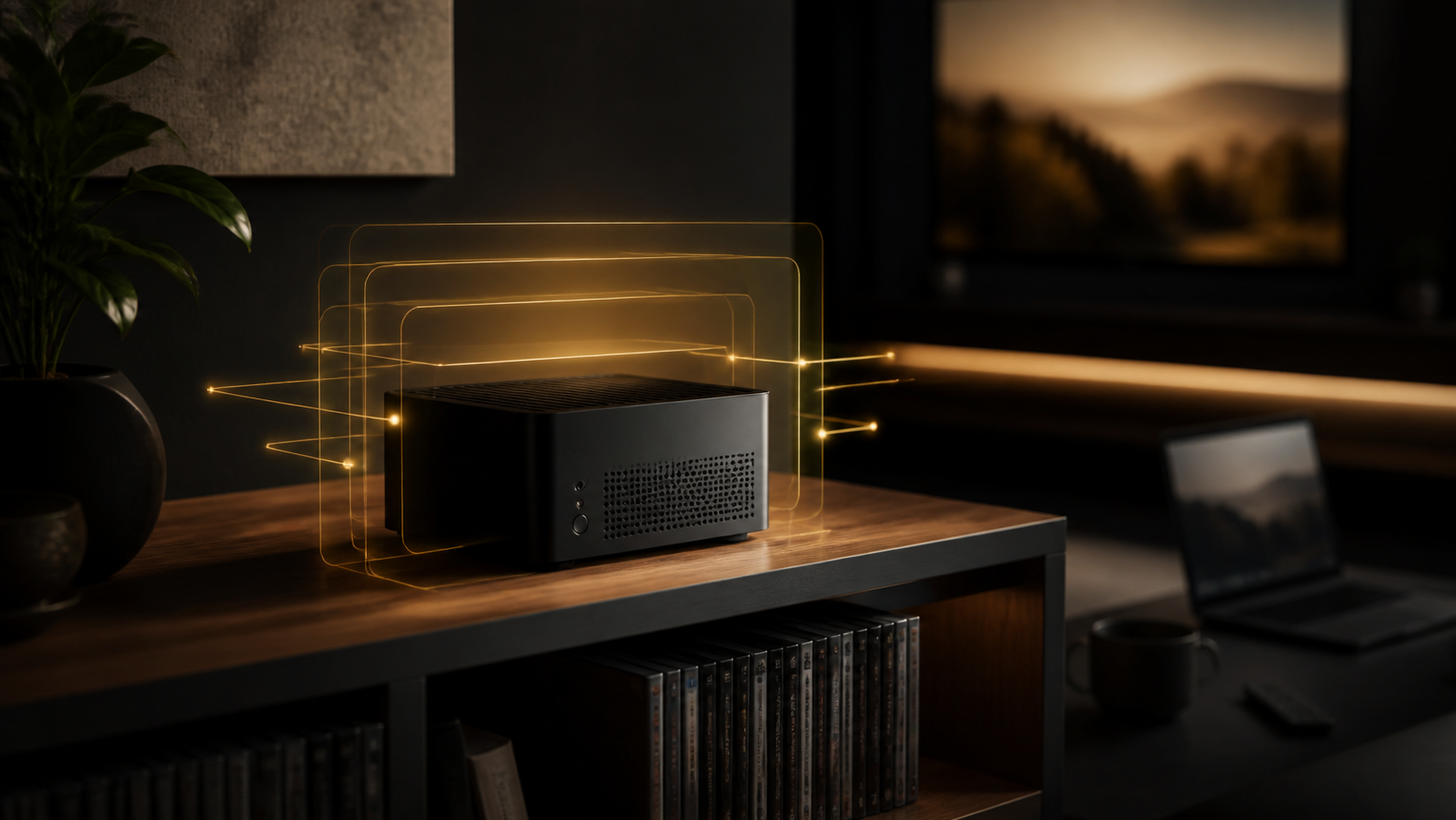 Black mini server on a home media shelf, surrounded by amber light layers representing Quven containers