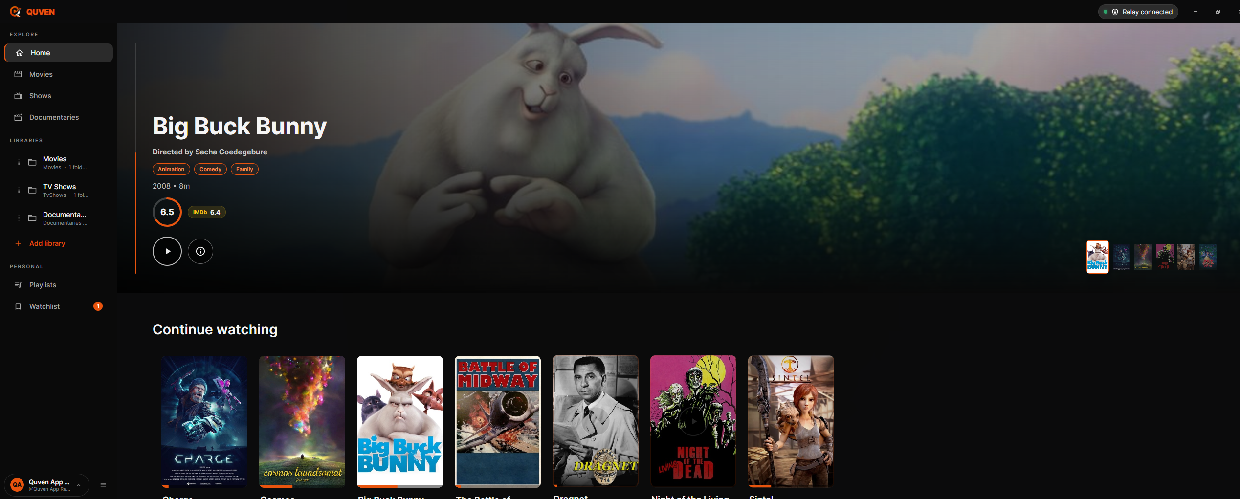 Quven desktop home screen with a cinematic movie hero, household profile and Continue watching row.