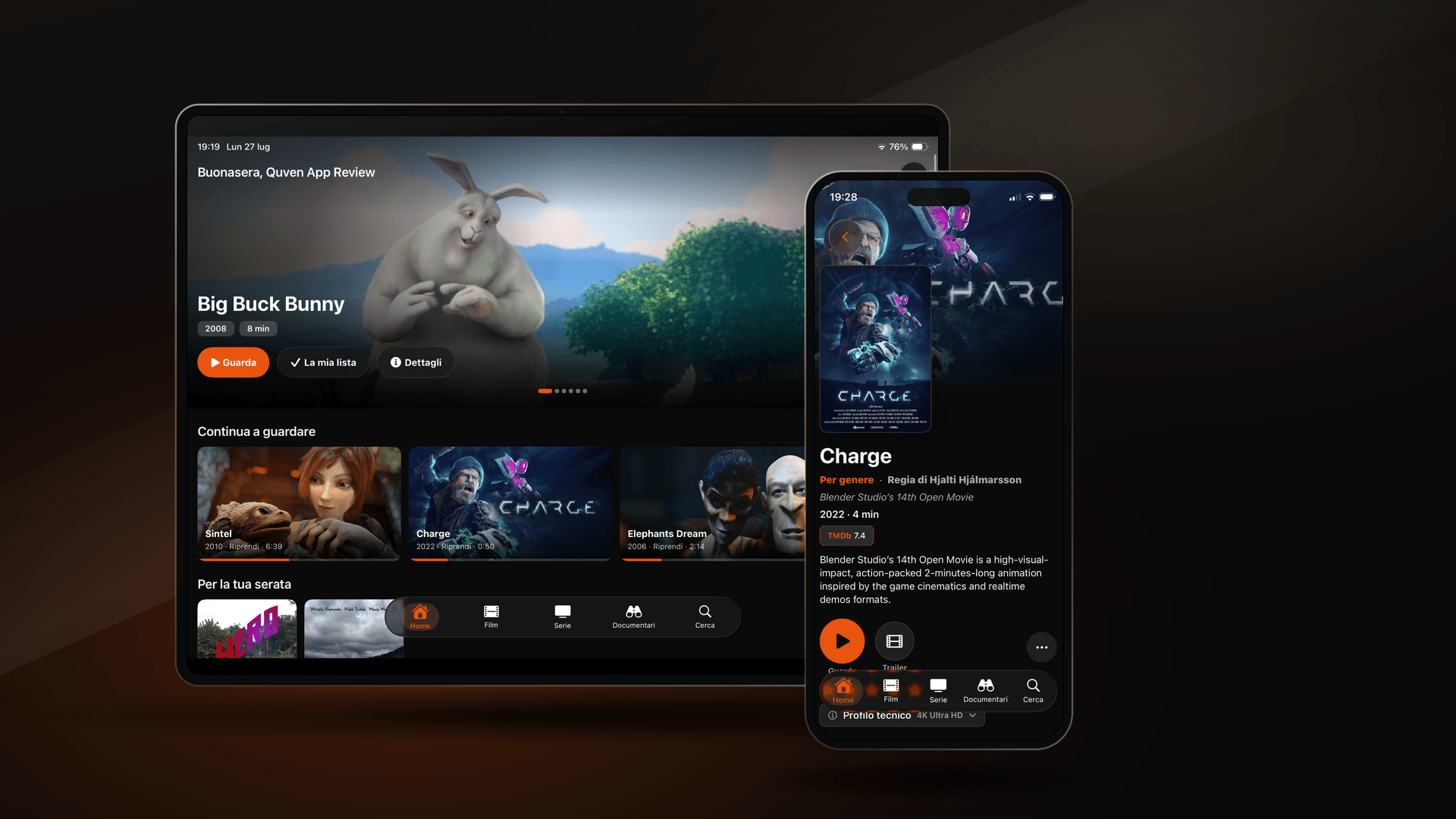 An iPad and an iPhone side by side running the Quven app: the iPad shows the cinematic home screen and the iPhone a film detail page.