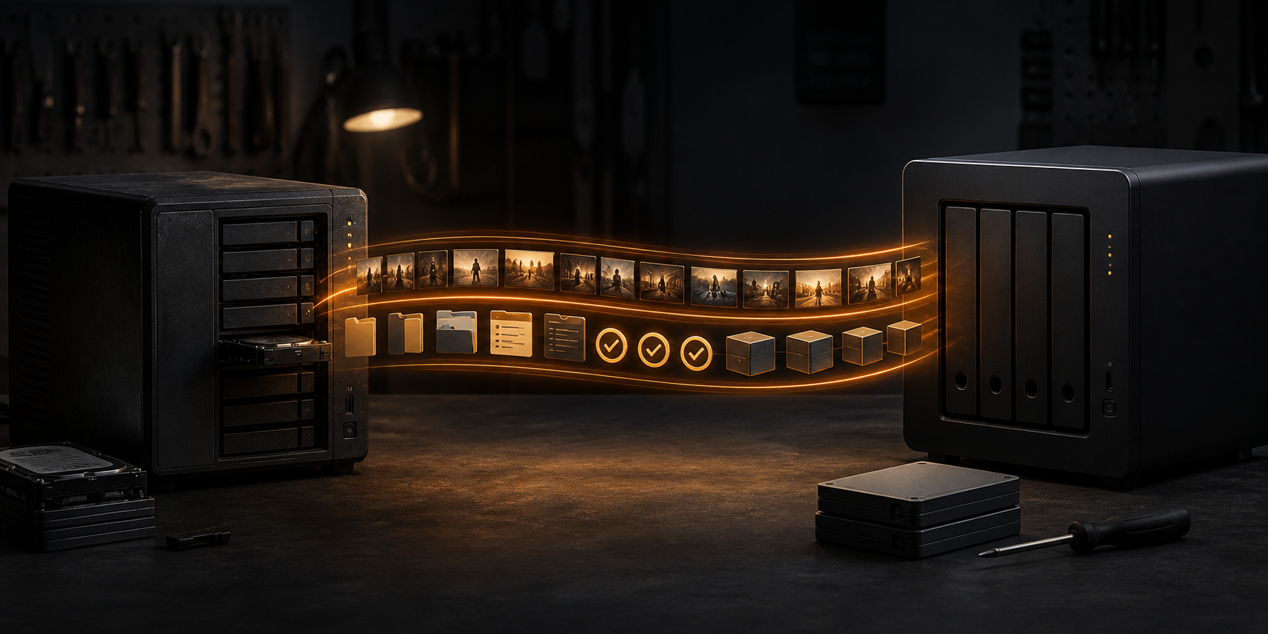 Editorial illustration of an organised media library moving intact from an older home server to a new one