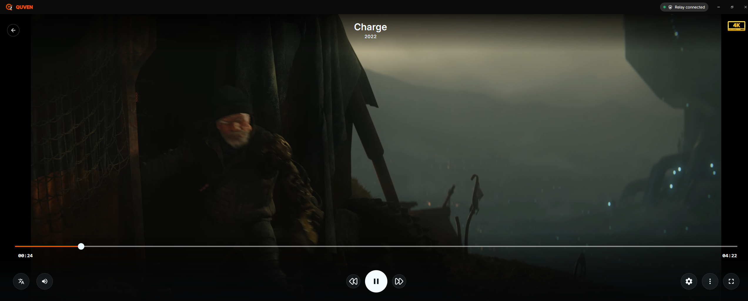 Quven desktop full-screen player with native 4K playback controls.