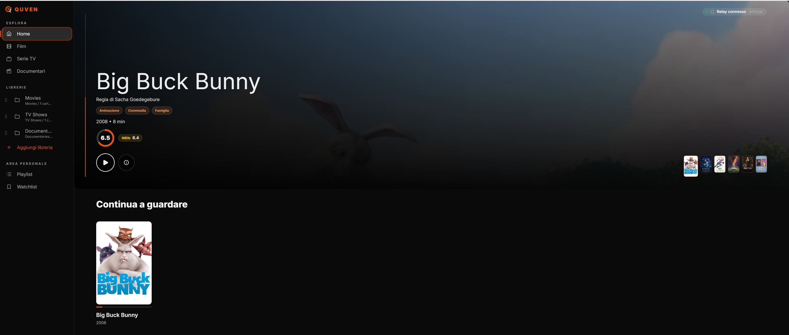 Quven web client home screen in a browser, with a cinematic movie hero and Continue watching row.