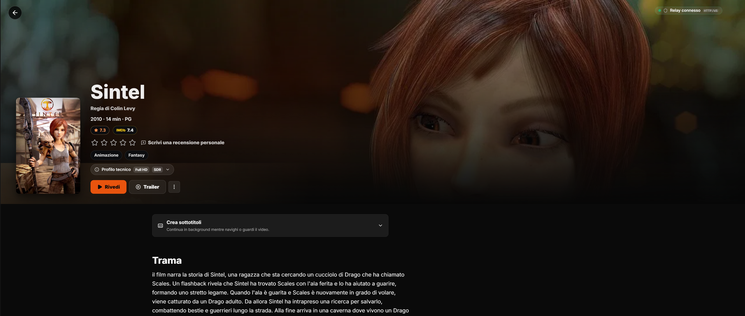Quven web client movie detail screen with artwork, ratings, technical profile and playback actions.