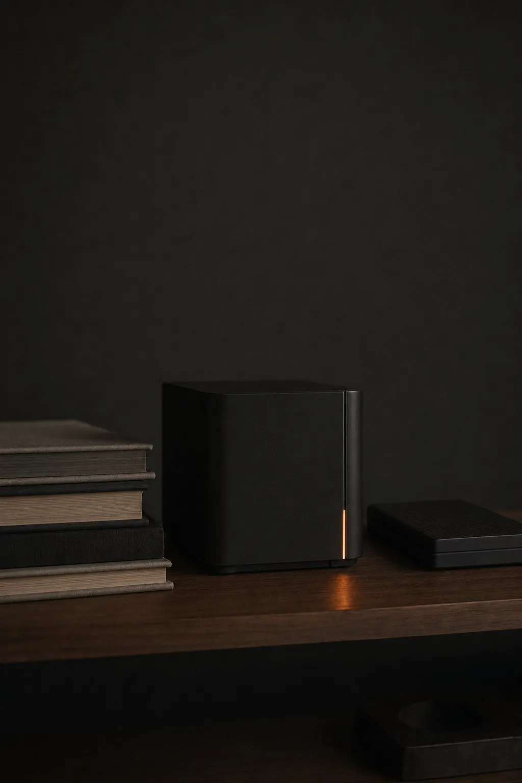 A small server on a shelf beside some books