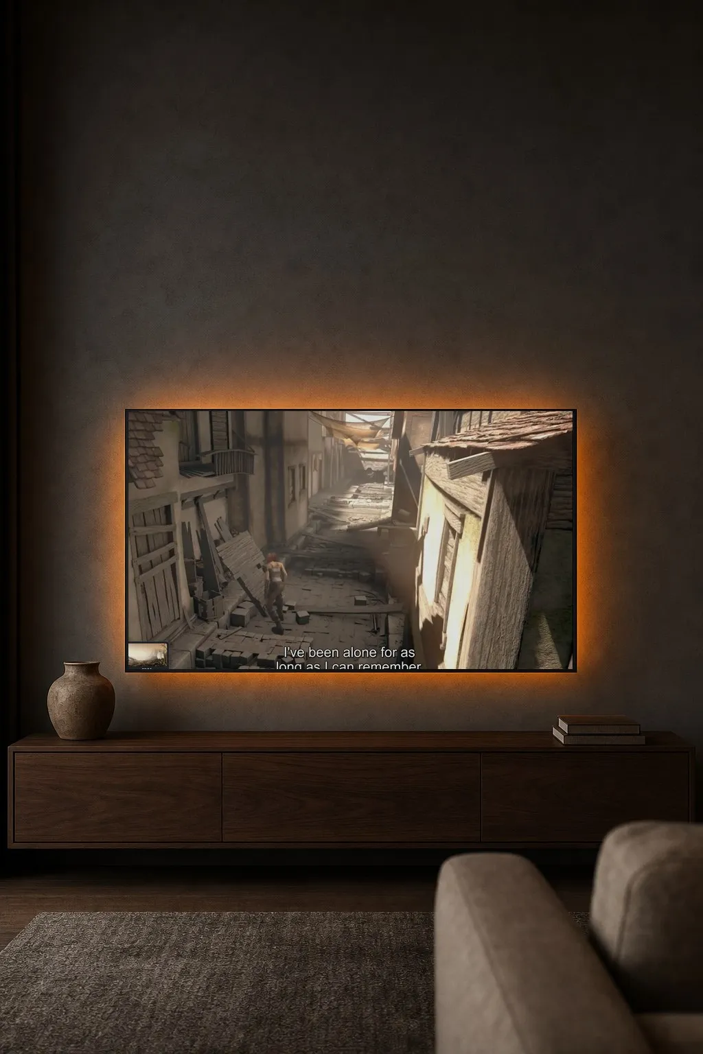 A television in a living room with a film and its subtitles